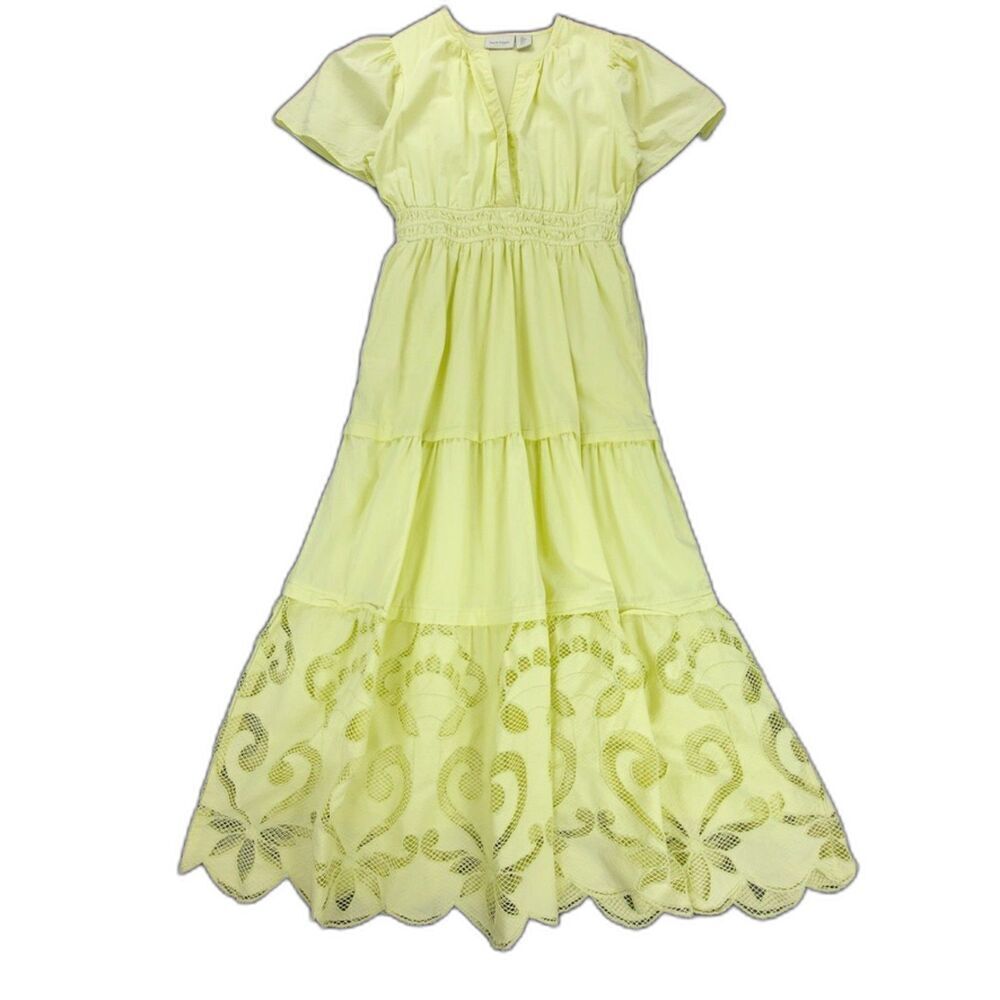 HAUTE HIPPIE Cottagecore Tiered Boho Smocked Midi Dress Pastel Yellow Boho Small